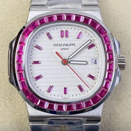 PPF Custom Fake Patek Philippe Watch Nautilus 5711 Red Diamond White Dial Watch