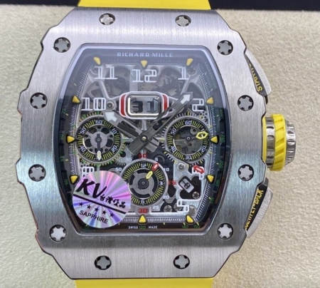 KV Factory Richard Mille For Sale RM011-03 Titanium Shell Yellow Rubber Strap