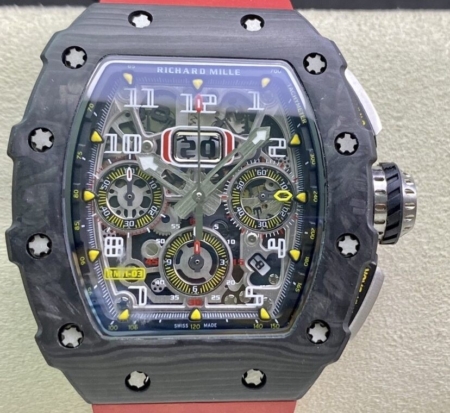 KV Factory Fake Richard Mille Watch RM011-03 Carbon Fiber Case With Red Rubber Strap