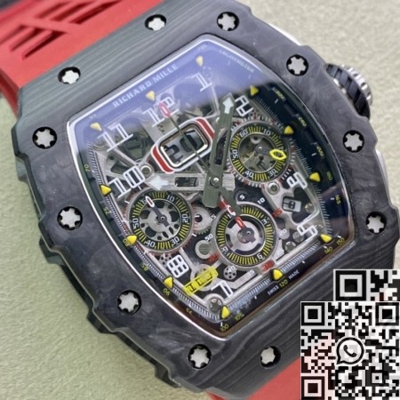 KV Factory Fake Richard Mille Watch RM011-03 Carbon Fiber Case With Red Rubber Strap