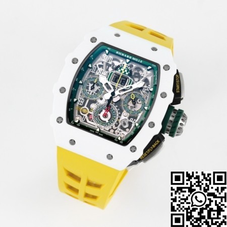 KV Factory Richard Mille Replica Watches RM11 White Ceramic Yellow Rubber Strap