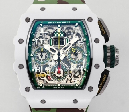 KV Factory Fake Richard Mille Watch RM11 White Ceramic Camouflage Rubber Strap