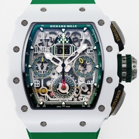 KV Factory Richard Mille Replica Watches RM11 White Ceramic Green Rubber Strap