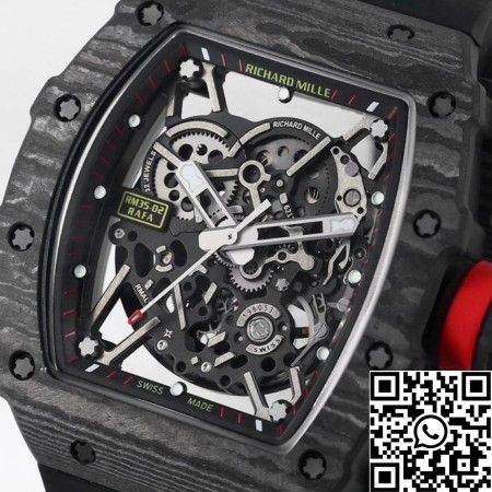Explore the Richard Mille RM35-02 carbon fiber case watch reproduced by the BBR factory, showing the unique design and exquisite craftsmanship of the billionaire's RICHARD MILLE RM 35-02 RAFAEL NADAL fully automatic mechanical watch.