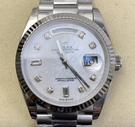 EW Factory Replica Rolex Day Date Watches M128239-0007 White Mother-of-Pearl Dial Size 36mm