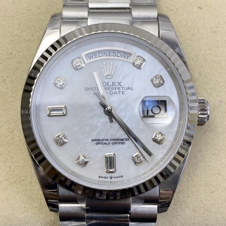 EW Factory Replica Rolex Day Date Watches M128239-0007 White Mother-of-Pearl Dial Size 36mm