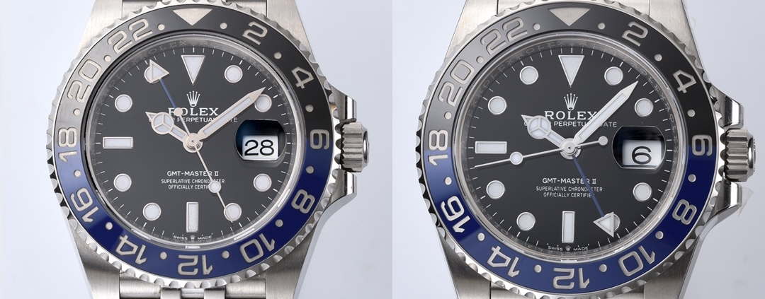 Comparison of the Clean Factory GMT Master Replica Batman watch, showcasing the differences between the authentic and replica models.